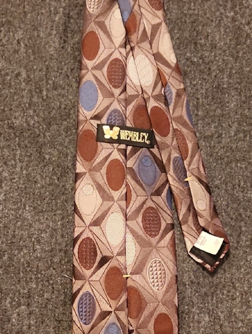70s Vintage Clip On Wembley Brown and Blue Geometric Silk Tie